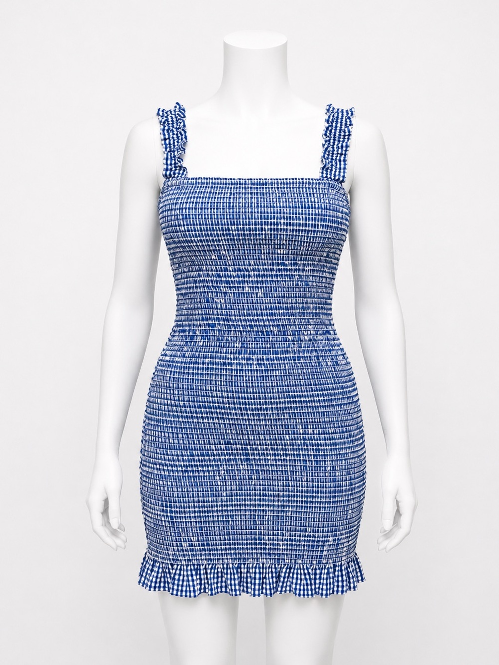 Gianni Bini Blue & White Gingham Mia Smocked Bodycon Mini Dress Size S